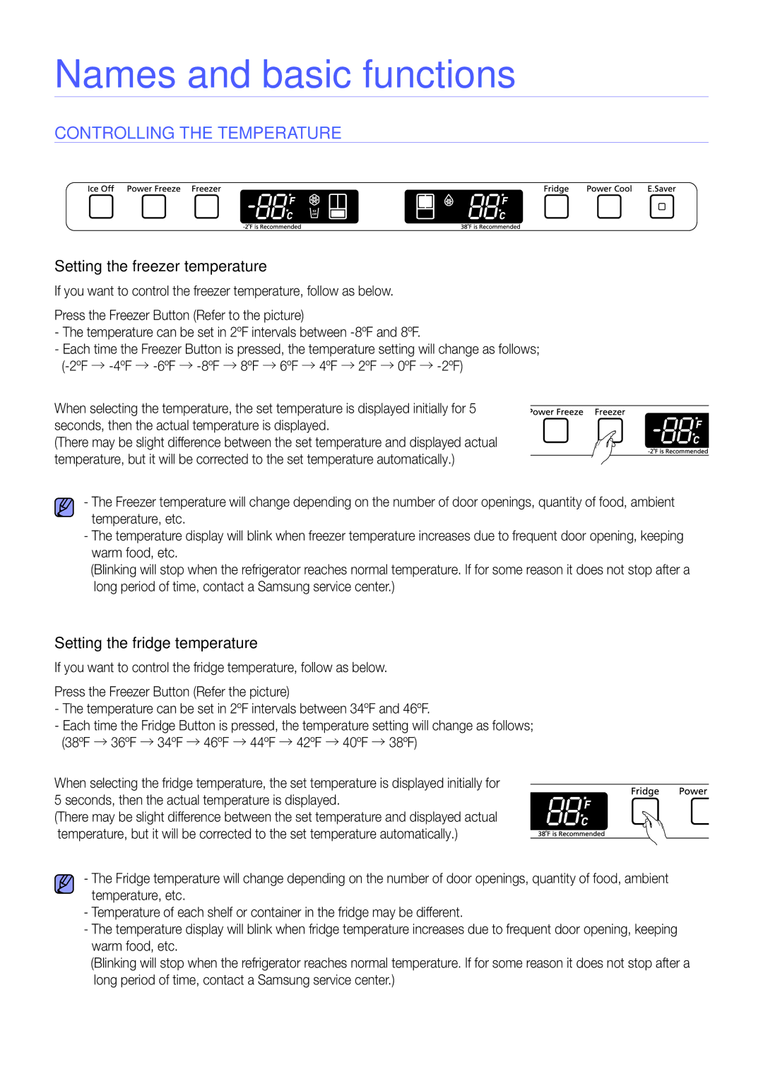 Samsung RF217ABPN/XAA manual CoNTRoLLING the Temperature, Setting the freezer temperature, Setting the fridge temperature 