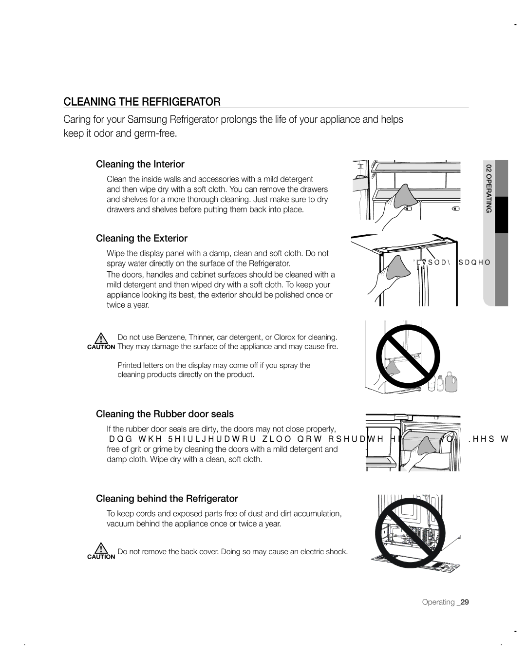 Samsung RF217ACPN Cleaning the Refrigerator, Cleaning the Interior, Cleaning the Exterior, Cleaning the Rubber door seals 