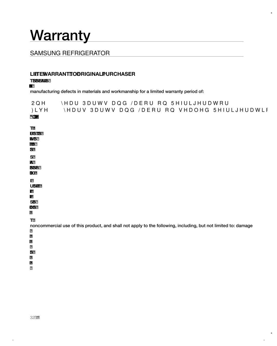 Samsung RF197ACBP, RF197ACPN, RF217ACWP, RF217ACBP, RF217ACRS, RF217ACPN, RF197ACWP, RF197ACRS Warranty, SAMsunG REFRiGERAtoR 