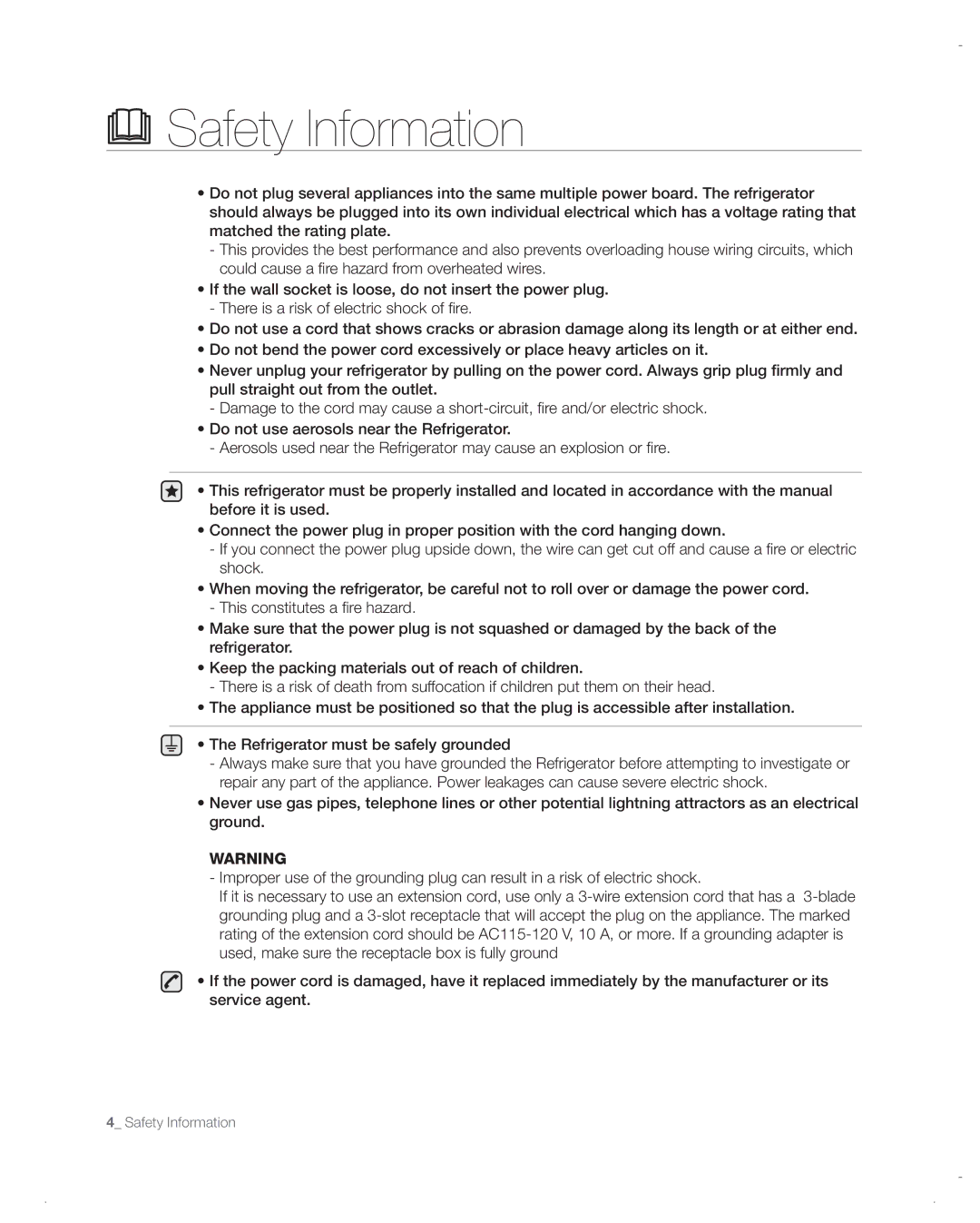 Samsung RF217ACRS, RF197ACBP, RF197ACPN, RF217ACWP, RF217ACBP, RF217ACPN, RF197ACWP, RF197ACRS user manual Safety Information 