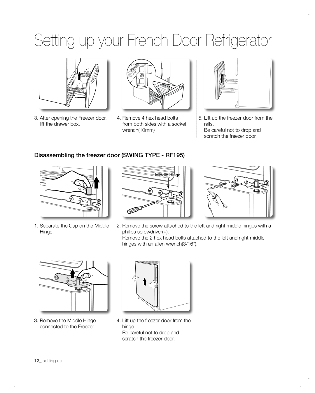 Samsung RF217ACRS Disassembling the freezer door SWING TYPE - RF195, Setting up your French Door Refrigerator, setting up 