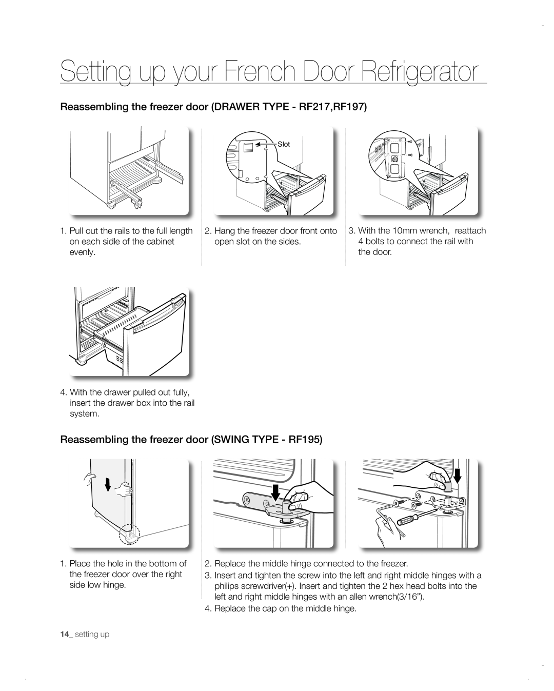 Samsung RF197ACWP Reassembling the freezer door DRAWER TYPE - RF217,RF197, Setting up your French Door Refrigerator 