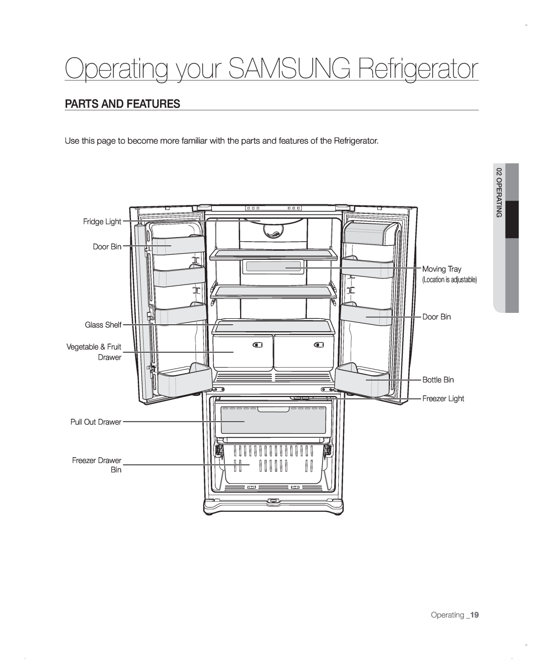 Samsung RF217ACBP, RF197ACBP, RF197ACPN Operating your SAMSUNG Refrigerator, Parts And Features, Fridge Light Door Bin 
