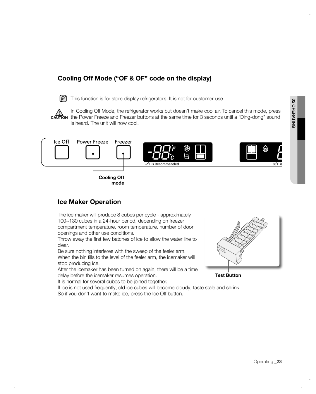 Samsung RF197ACRS, RF197ACBP, RF197ACPN, RF217ACWP Cooling Off Mode “OF & OF” code on the display, Ice Maker Operation 