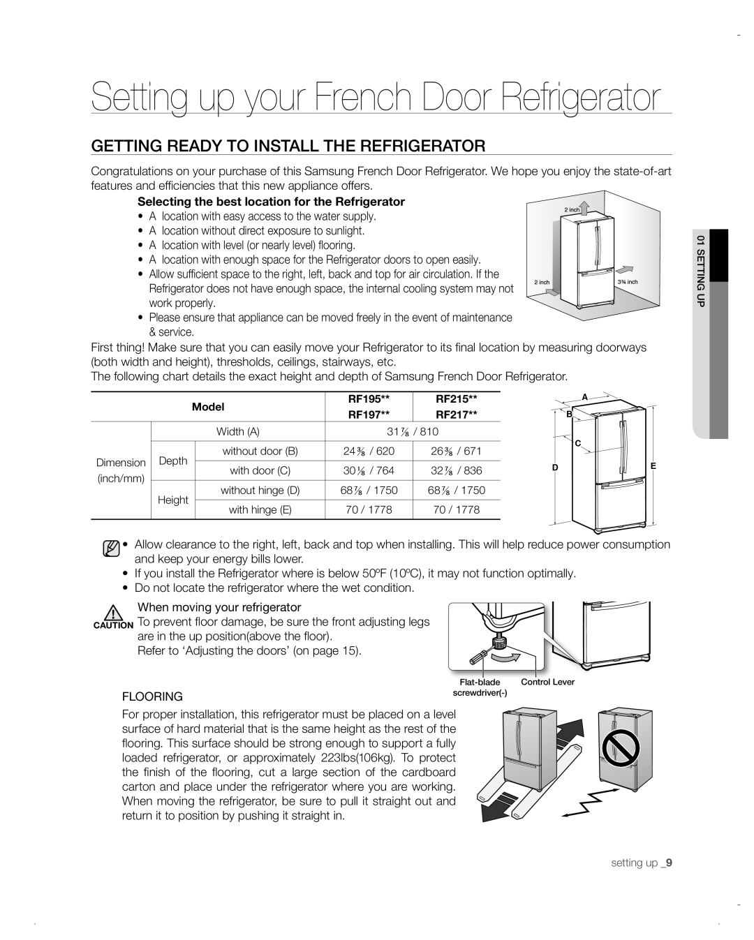 Samsung RF197ACPN, RF197ACBP, RF217ACWP Getting Ready To Install The Refrigerator, Setting up your French Door Refrigerator 