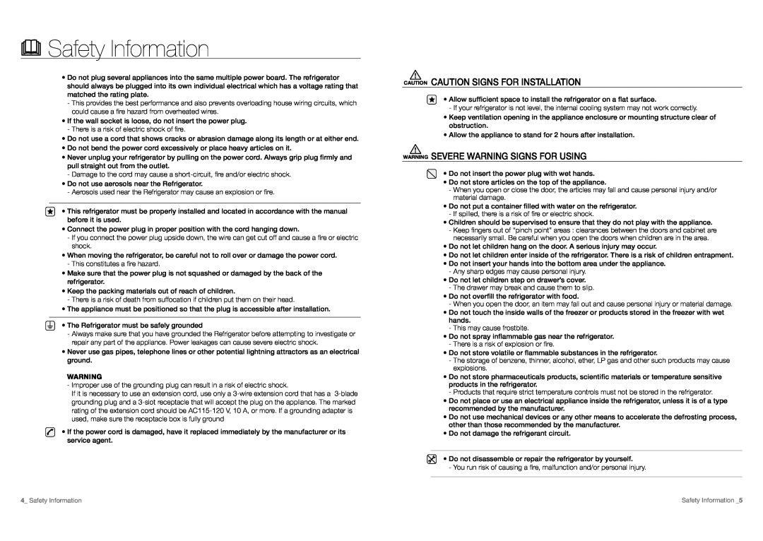 Samsung RF197ACBP CAUTION caution signs for installation, WARNING sEVERE wARninG siGns FoR using, Safety Information 