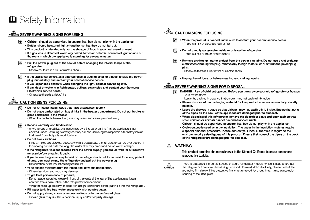 Samsung RF197ACWP CAUTION caution signs for using, WARNING sEVERE wARninG siGns FoR disposal, Safety Information 