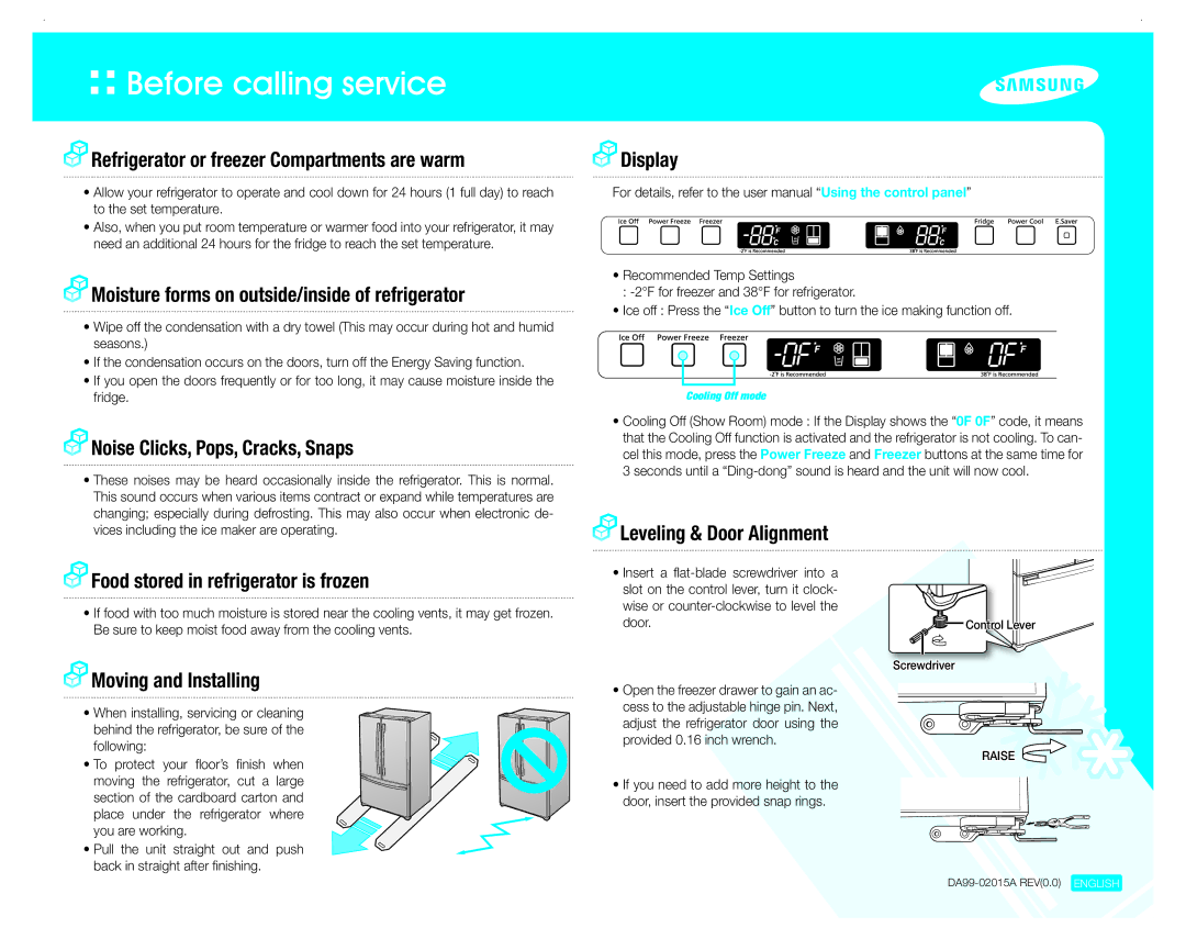 Samsung RF217ABWP user manual Refrigerator or freezer Compartments are warm, Noise Clicks, Pops, Cracks, Snaps, Display 