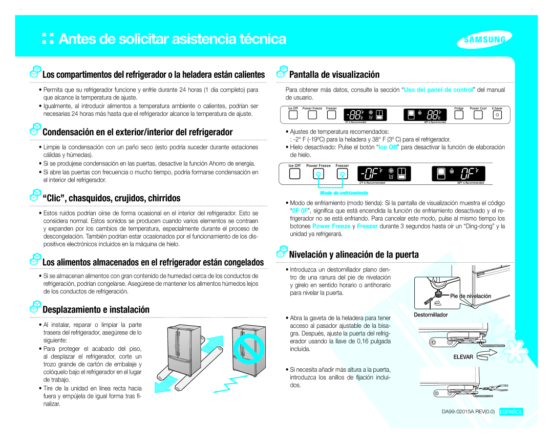 Samsung RF217ABWP user manual Clic, chasquidos, crujidos, chirridos, Nivelación y alineación de la puerta 