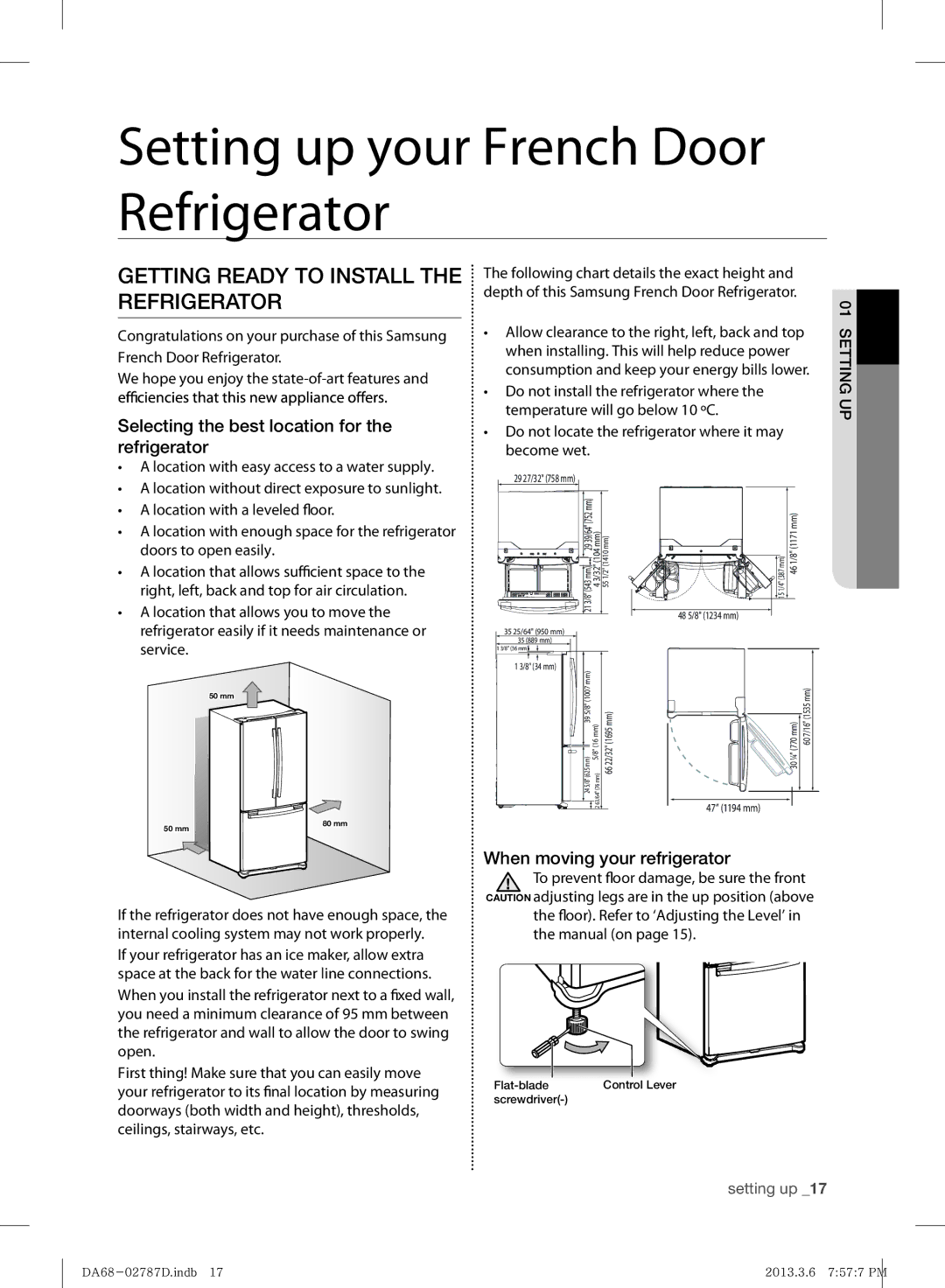 Samsung RF220NCTASP/ML manual Getting Ready to Install the Refrigerator, Selecting the best location for the refrigerator 