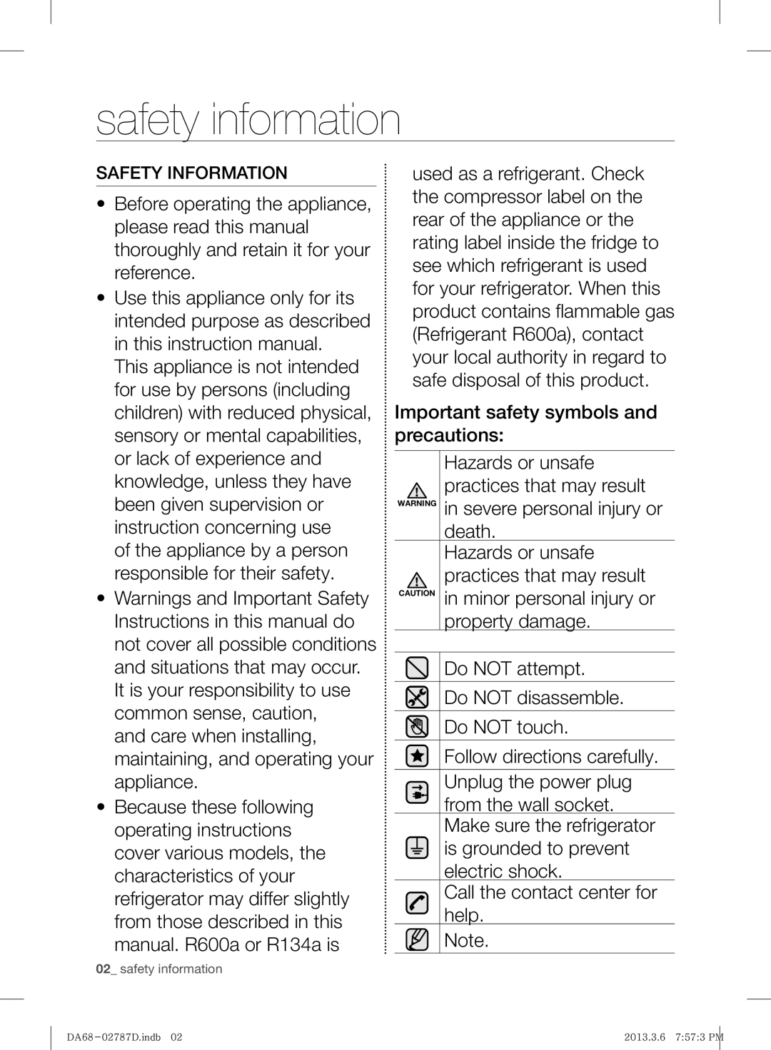 Samsung RF220NCTASP/ML manual Safety information, Safety Information 