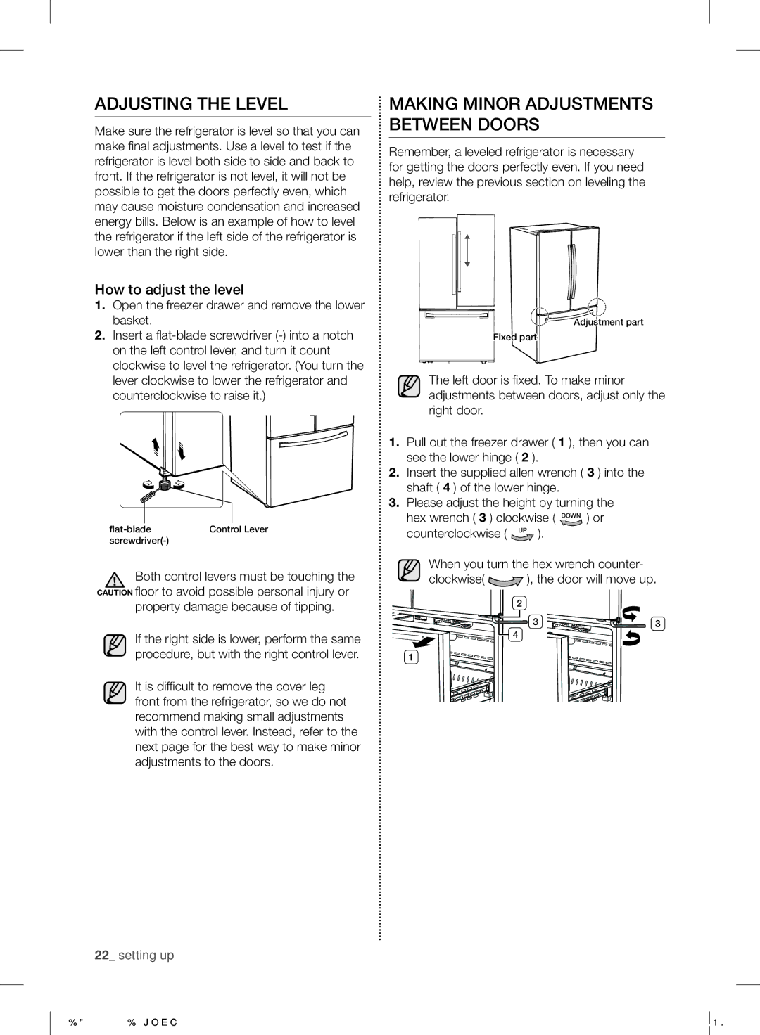 Samsung RF220NCTASP/ML manual Adjusting the Level, Making Minor Adjustments Between Doors, How to adjust the level 