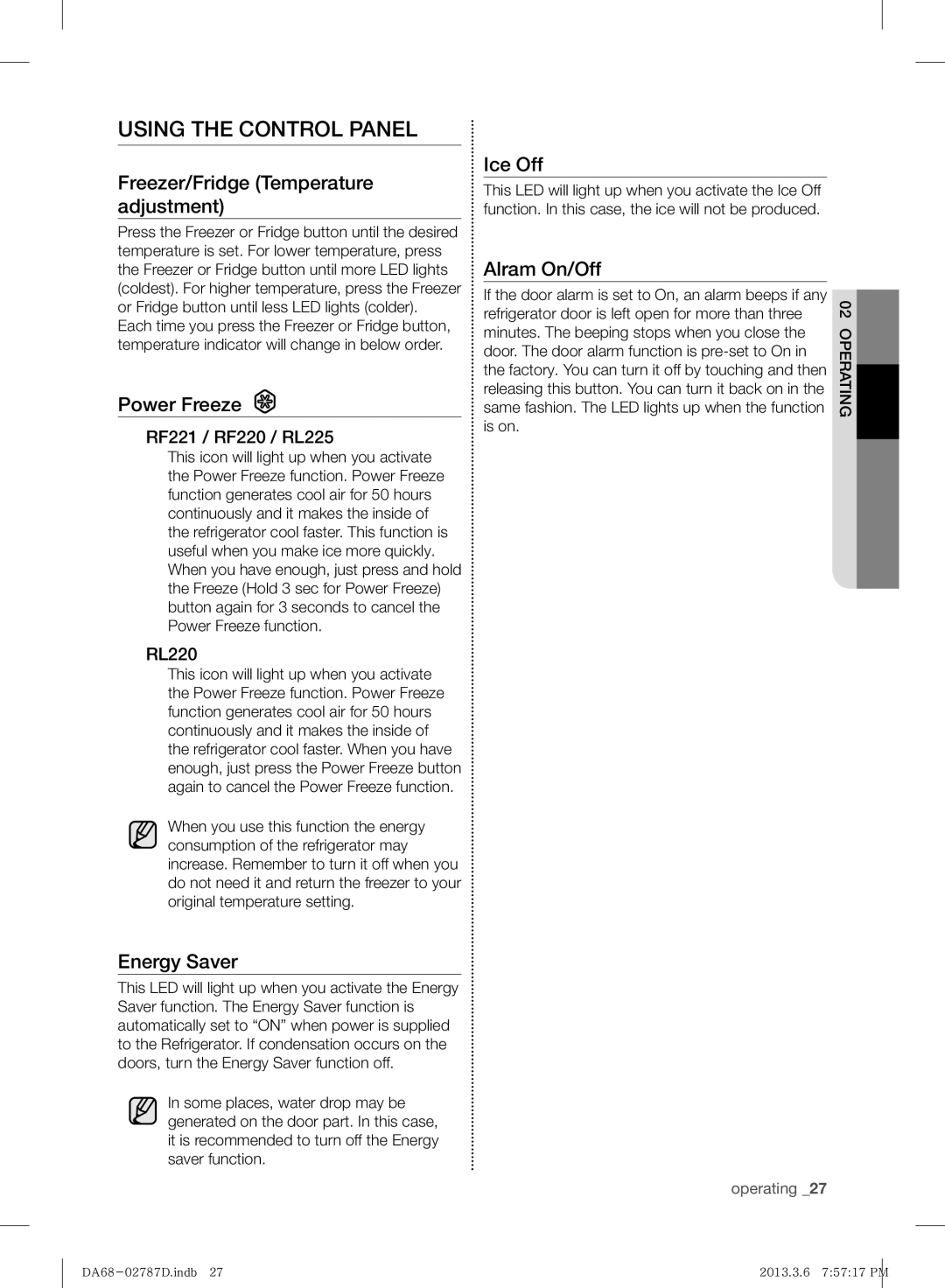 Samsung RF220NCTASP/ML manual Using the Control Panel 