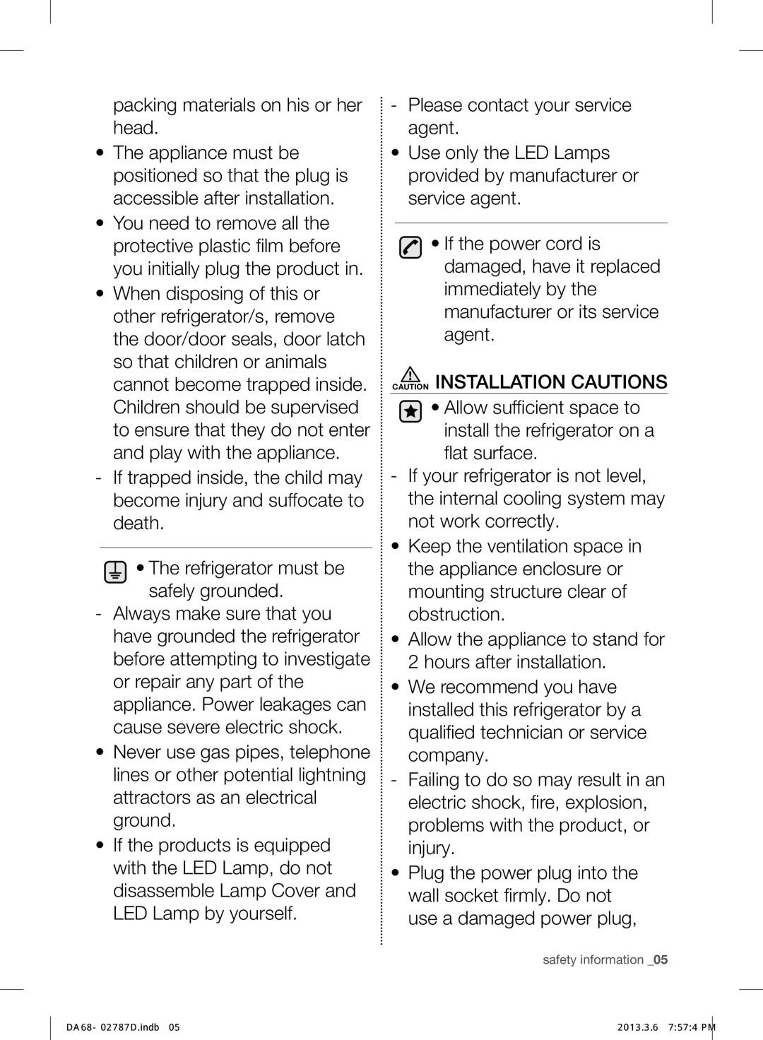 Samsung RF220NCTASP/ML manual Safety information 