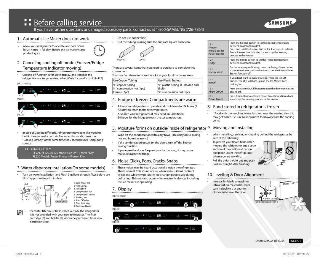 Samsung RF220NCTASP/ML manual Automatic Ice Maker does not work, Temperature Indicator moving, Leveling & Door Alignment 