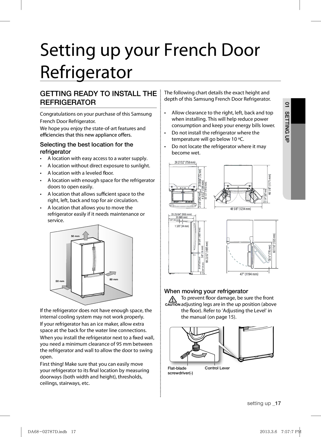 Samsung RF220NCTAWW/ML manual Getting Ready to Install the Refrigerator, Selecting the best location for the refrigerator 