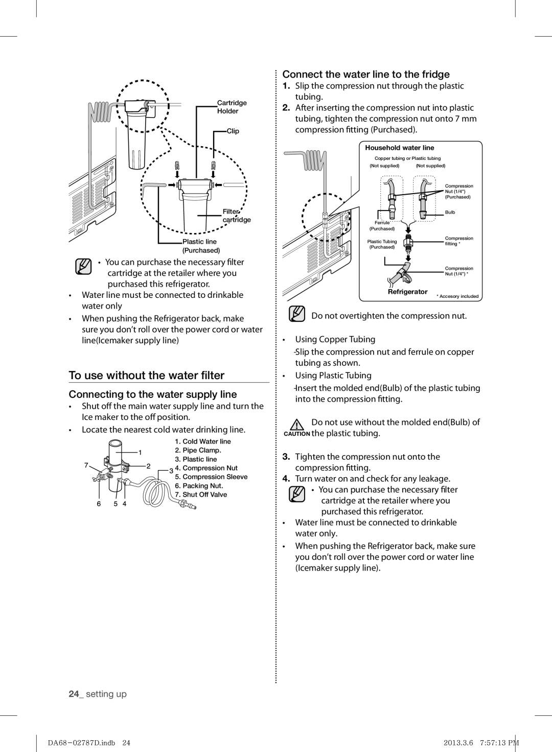 Samsung RF220NCTAWW/ML manual To use without the water ﬁlter, Connecting to the water supply line 