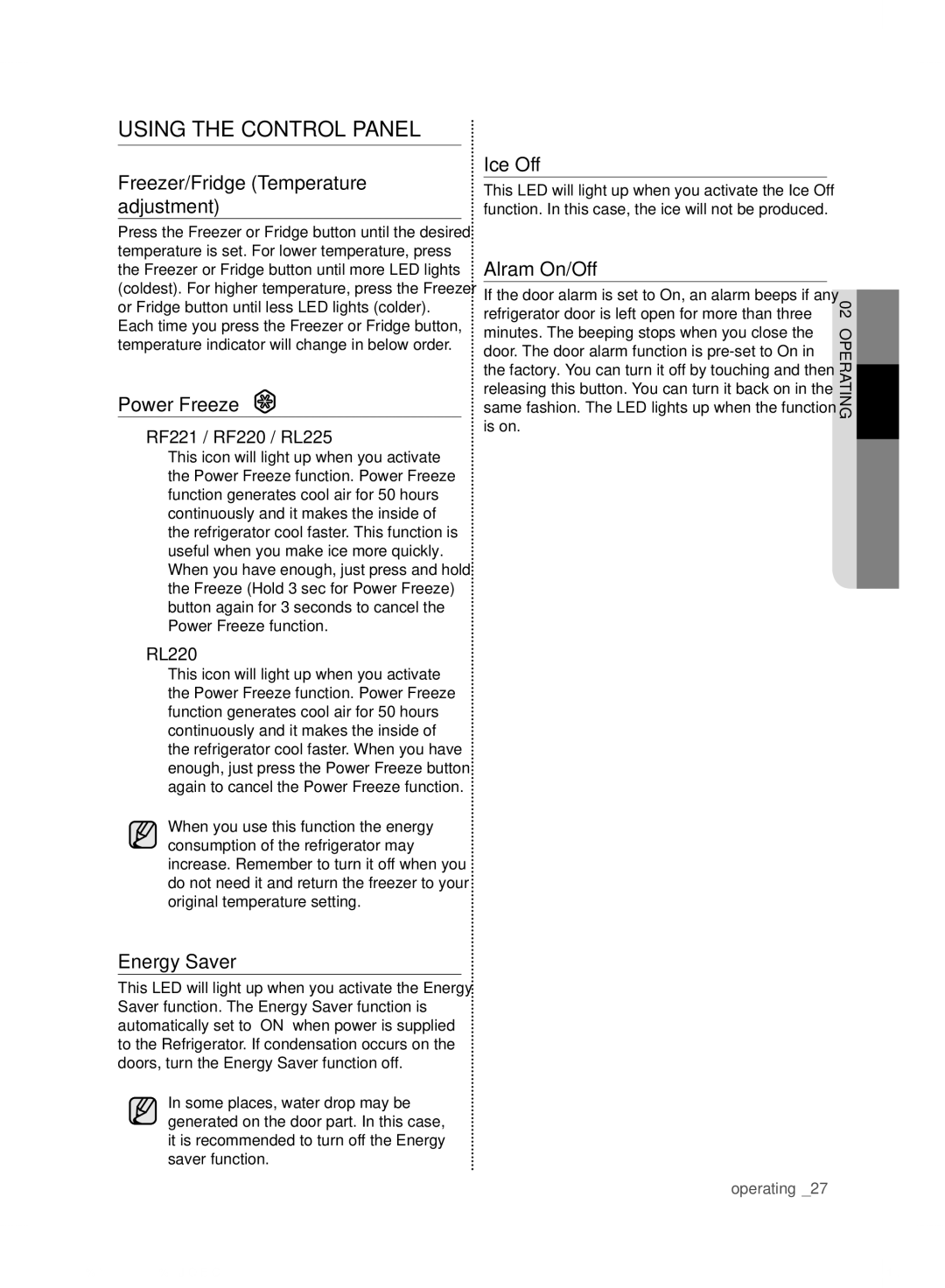 Samsung RF220NCTAWW/ML manual Using the Control Panel 