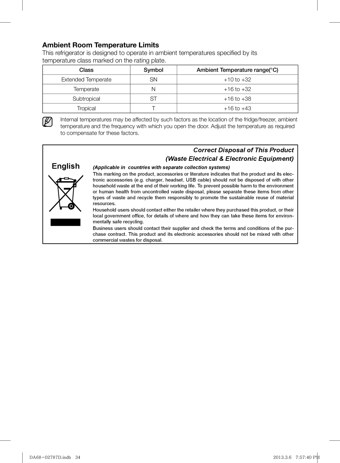 Samsung RF220NCTAWW/ML manual Ambient Room Temperature Limits 