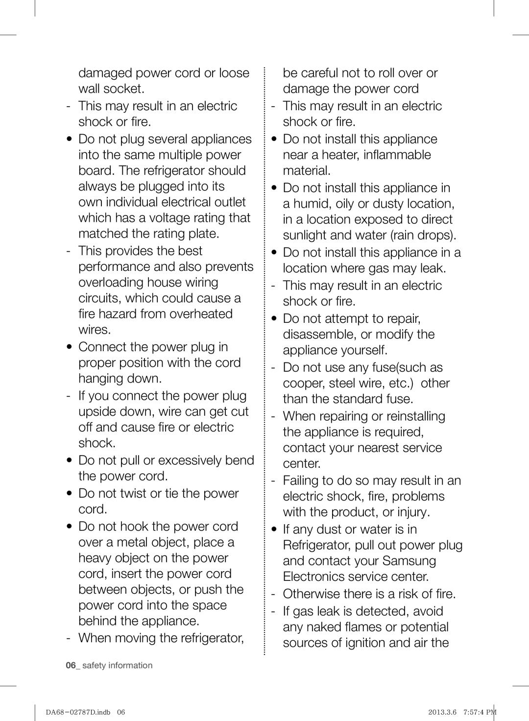 Samsung RF220NCTAWW/ML manual Safety information 