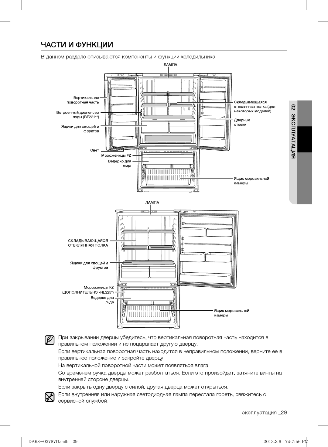 Samsung RF220NCTAWW/ML manual Части И Функции, Данном разделе описываются компоненты и функции холодильника 