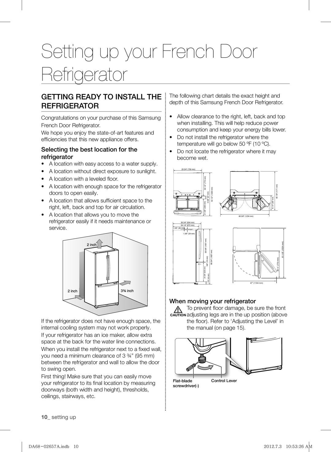 Samsung RF221NCTABC Setting up your French Door Refrigerator, Getting Ready To Install The Refrigerator, setting up 