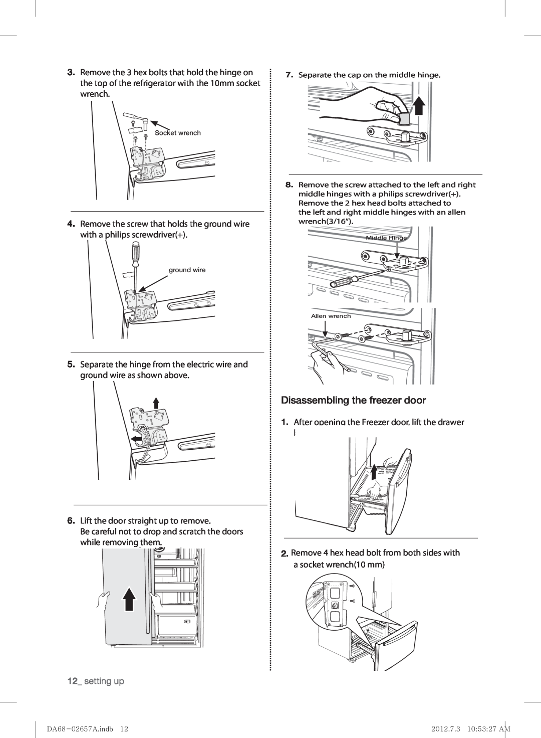 Samsung RF221NCTABC user manual Disassembling the freezer door, setting up 