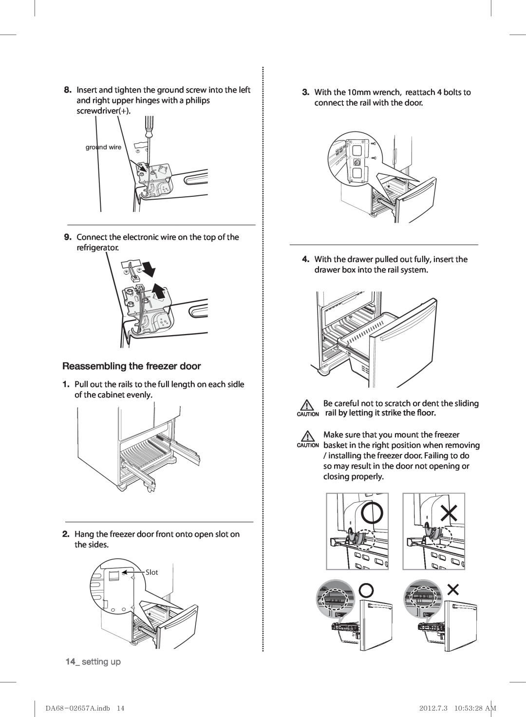 Samsung RF221NCTABC user manual Reassembling the freezer door, setting up 