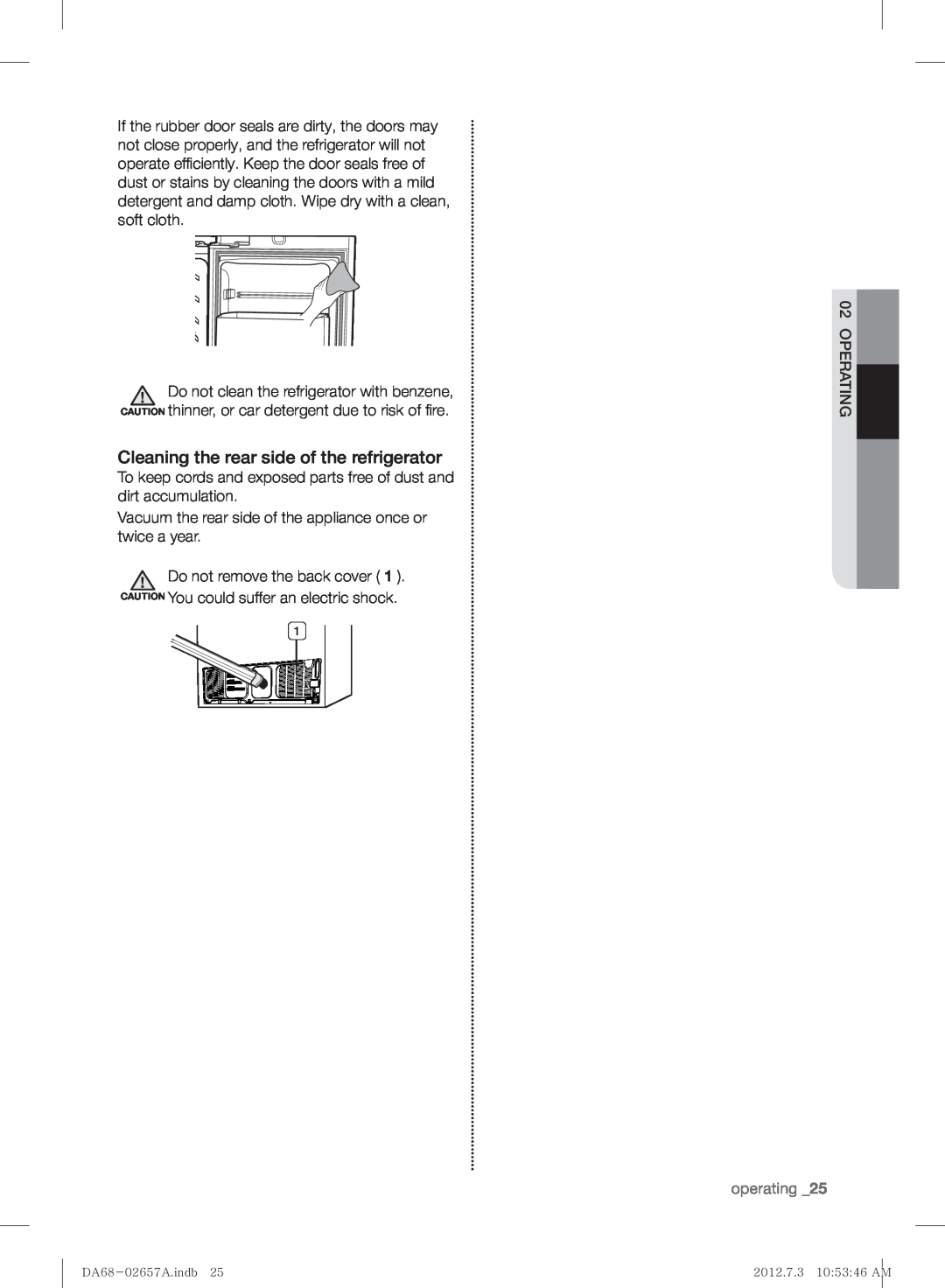 Samsung RF221NCTABC user manual Cleaning the rear side of the refrigerator, operating 