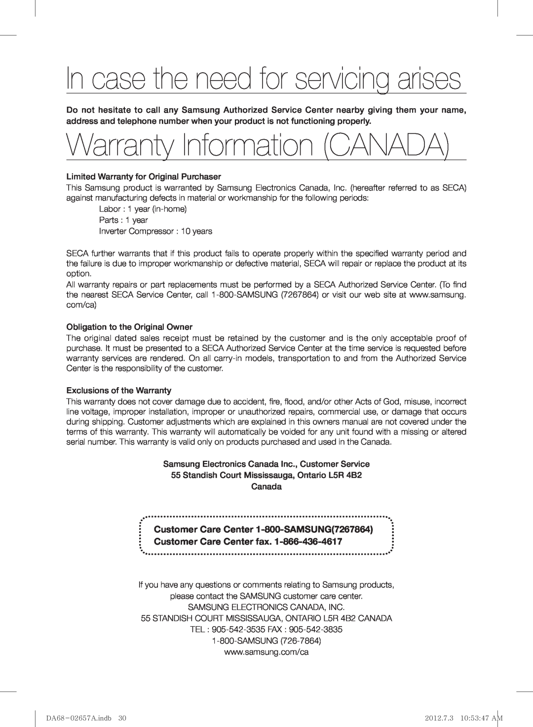 Samsung RF221NCTABC Warranty Information CANADA, Customer Care Center 1-800-SAMSUNG7267864 Customer Care Center fax 