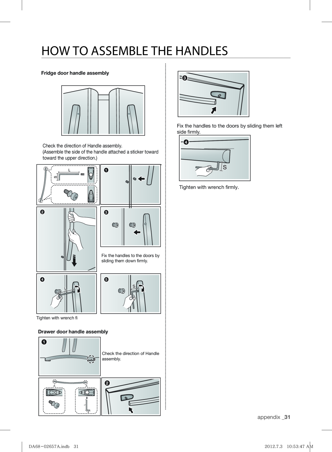 Samsung RF221NCTABC user manual How To Assemble The Handles, appendix 