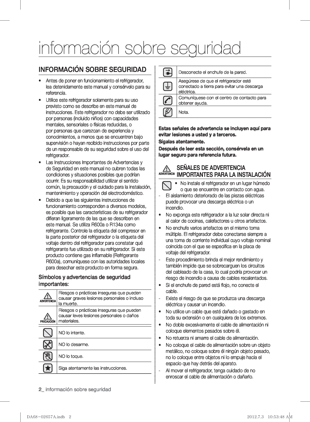 Samsung RF221NCTABC user manual información sobre seguridad, Información Sobre Seguridad, Sígalas atentamente 