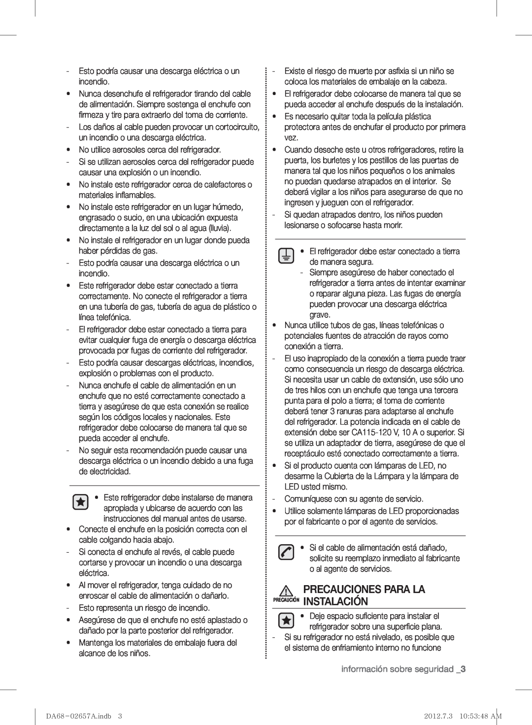 Samsung RF221NCTABC user manual Precauciones Para La Precaución Instalación, información sobre seguridad 