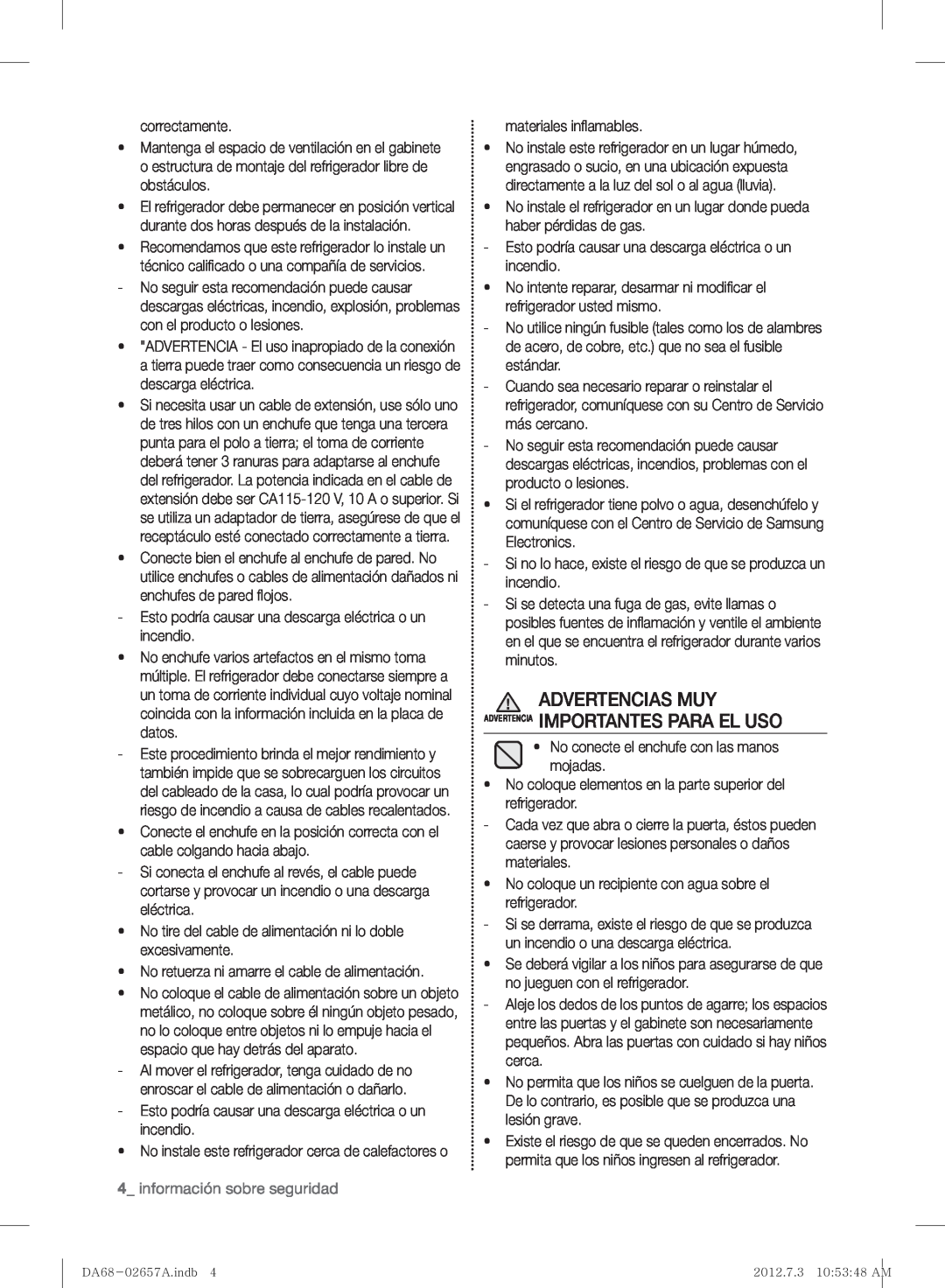 Samsung RF221NCTABC user manual Advertencias Muy Advertencia Importantes Para El Uso, información sobre seguridad 