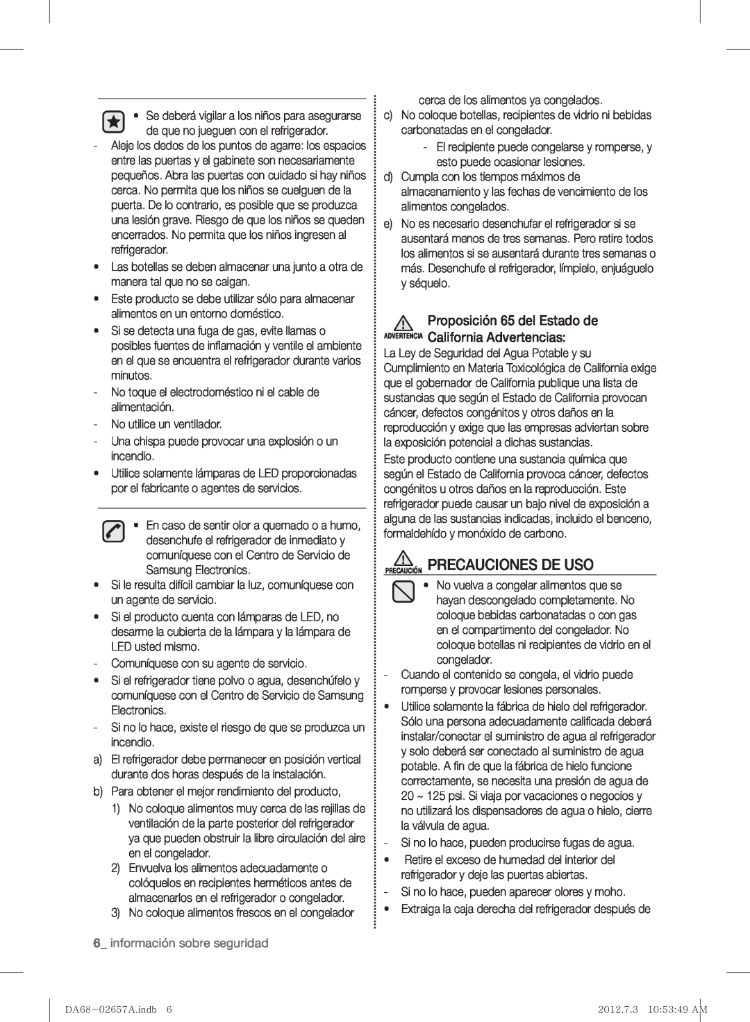 Samsung RF221NCTABC user manual Precaución Precauciones De Uso, información sobre seguridad 