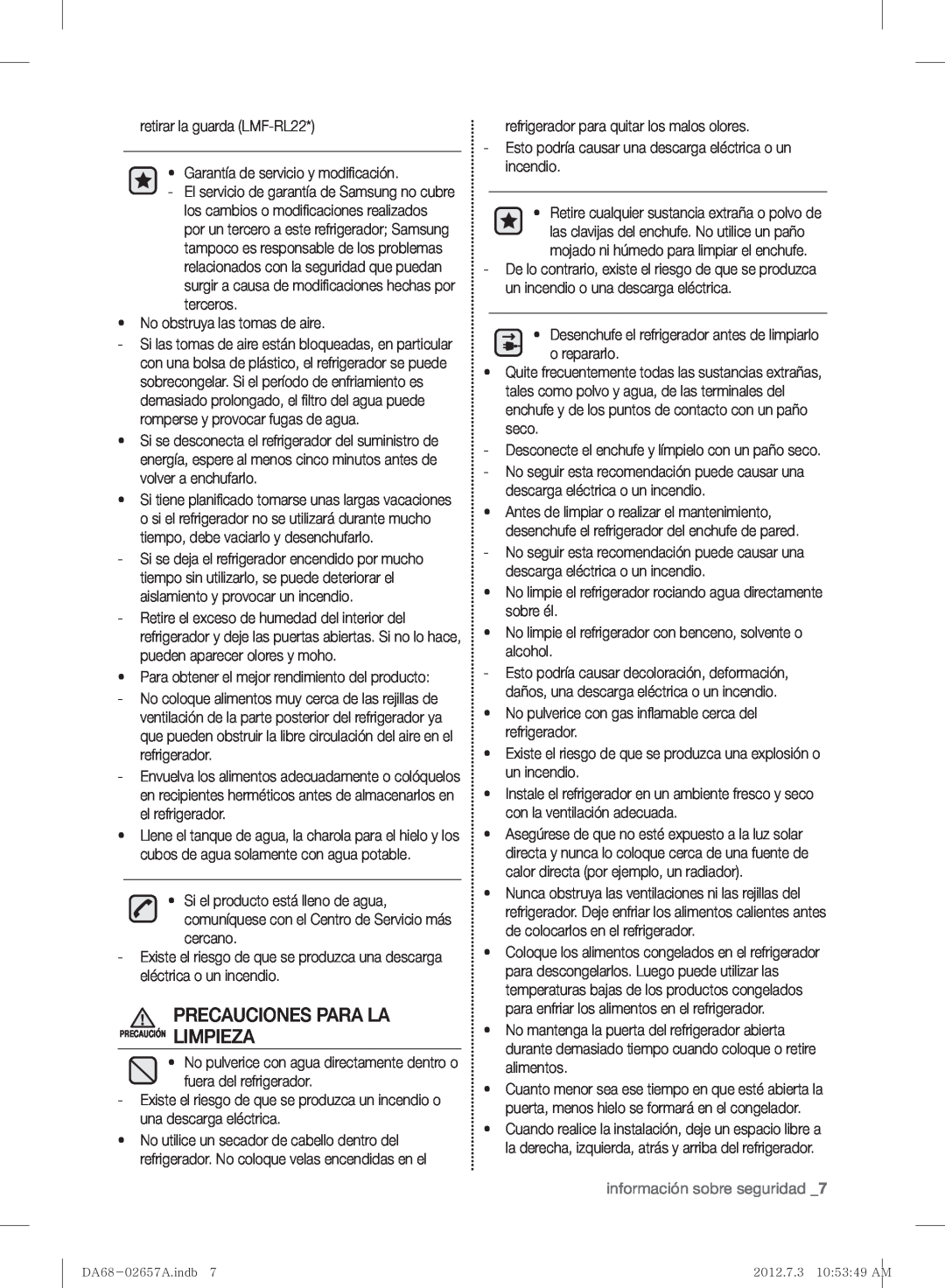Samsung RF221NCTABC user manual Precauciones Para La, información sobre seguridad, Precaución Limpieza 