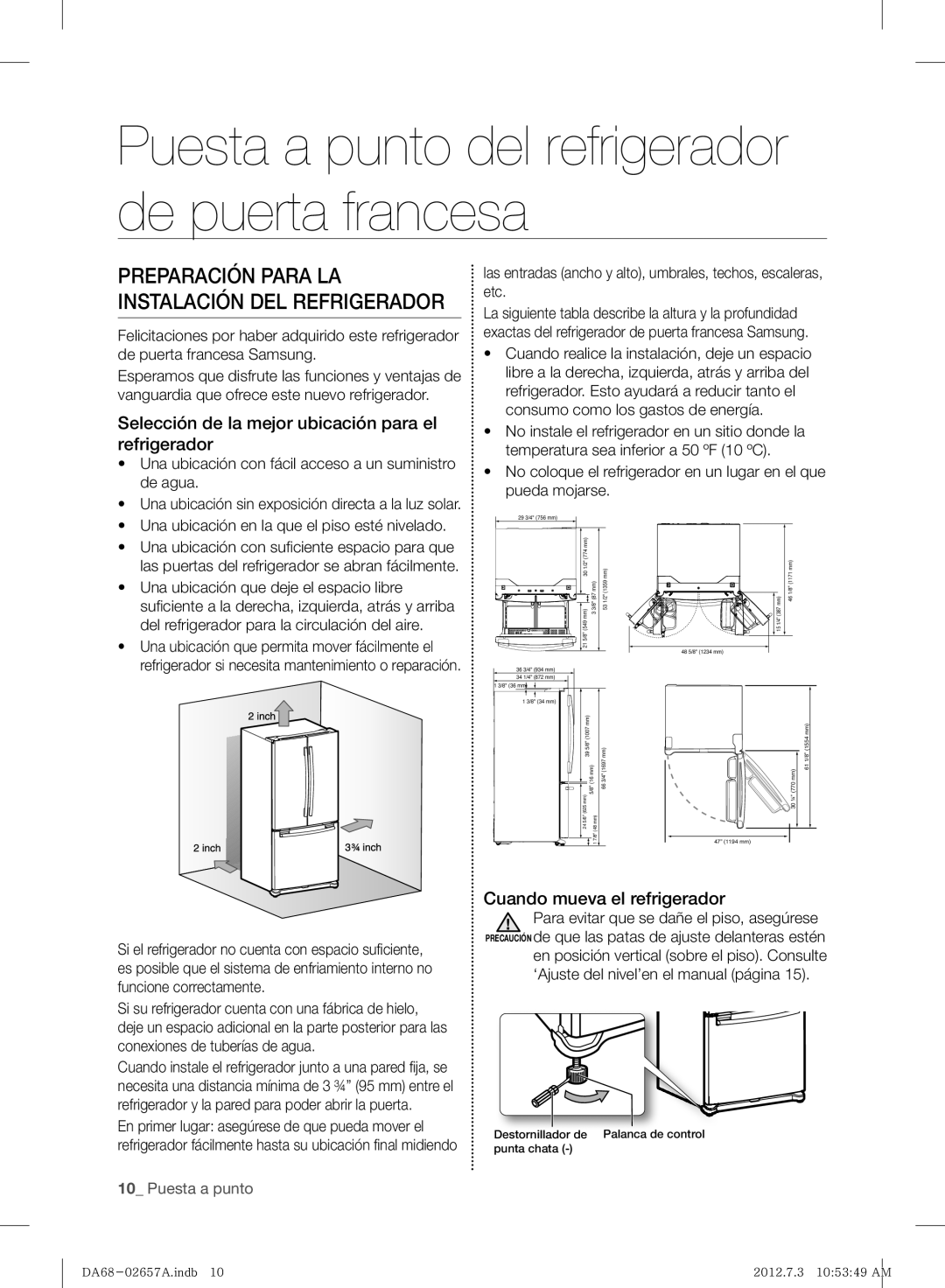 Samsung RF221NCTABC Puesta a punto del refrigerador de puerta francesa, Preparación Para La Instalación Del Refrigerador 
