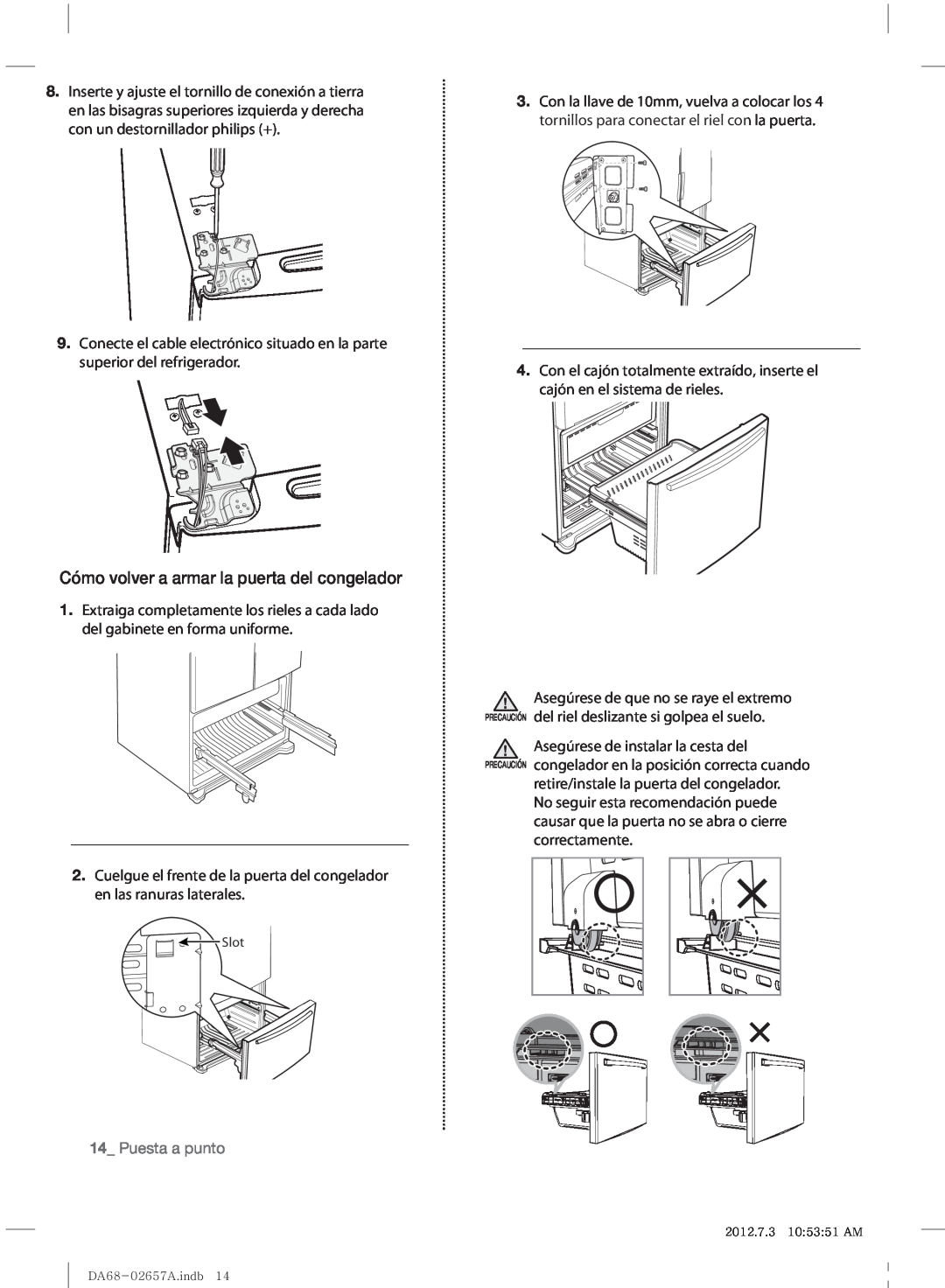 Samsung RF221NCTABC user manual Cómo volver a armar la puerta del congelador, Puesta a punto 