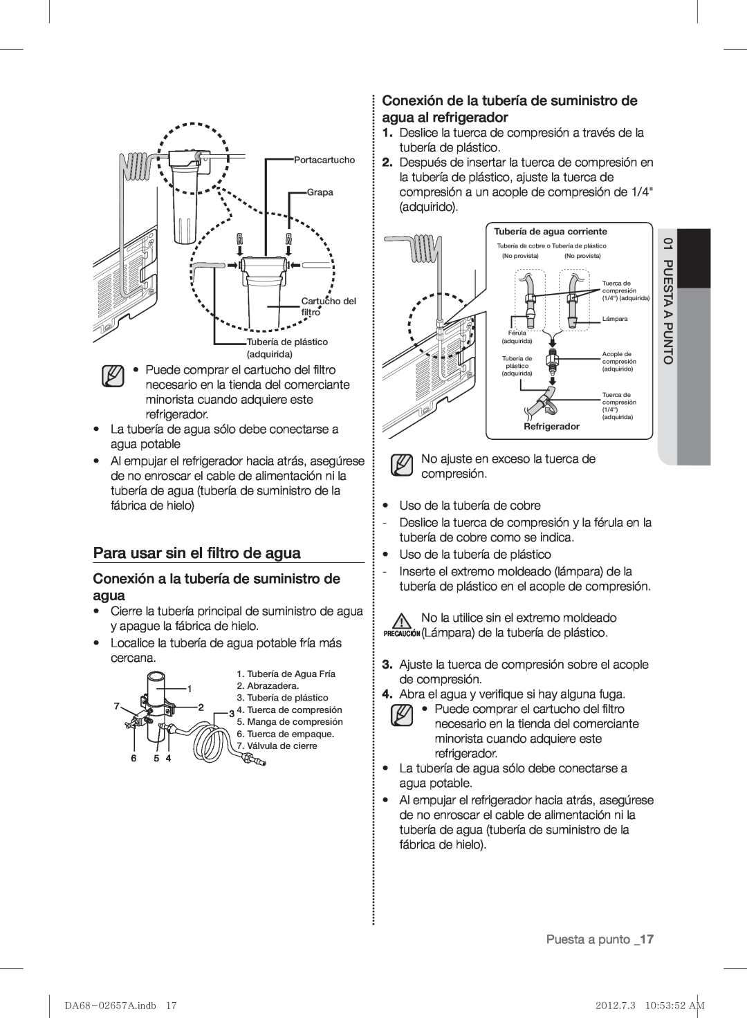 Samsung RF221NCTABC user manual Para usar sin el ﬁltro de agua, Conexión a la tubería de suministro de agua, Puesta a punto 