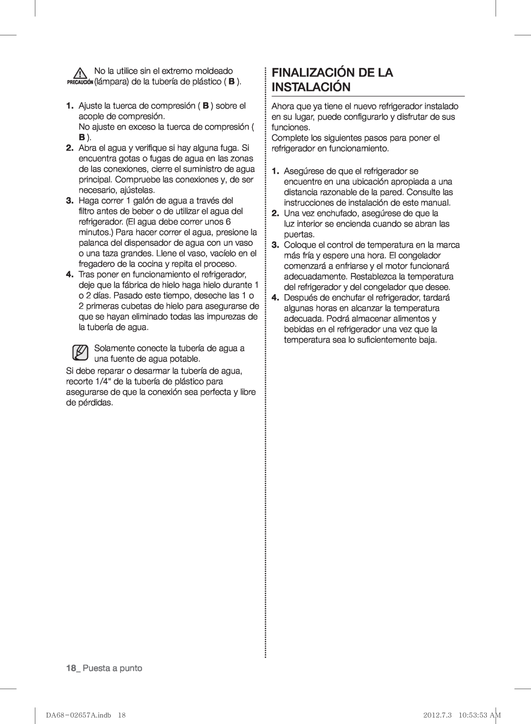 Samsung RF221NCTABC user manual Finalización De La Instalación, Puesta a punto 