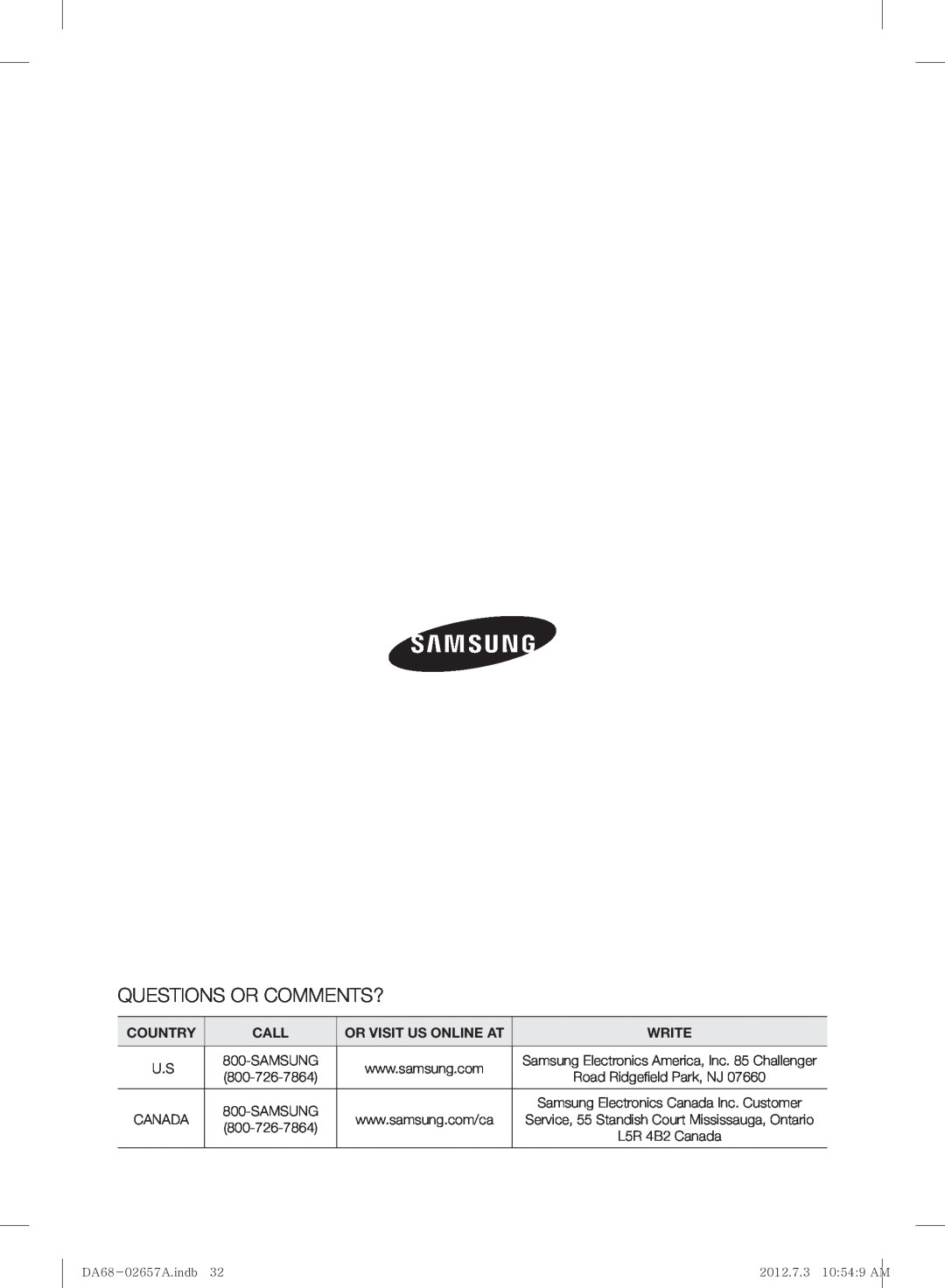 Samsung RF221NCTABC user manual Questions Or Comments?, Country, Call, Or Visit Us Online At, Write 