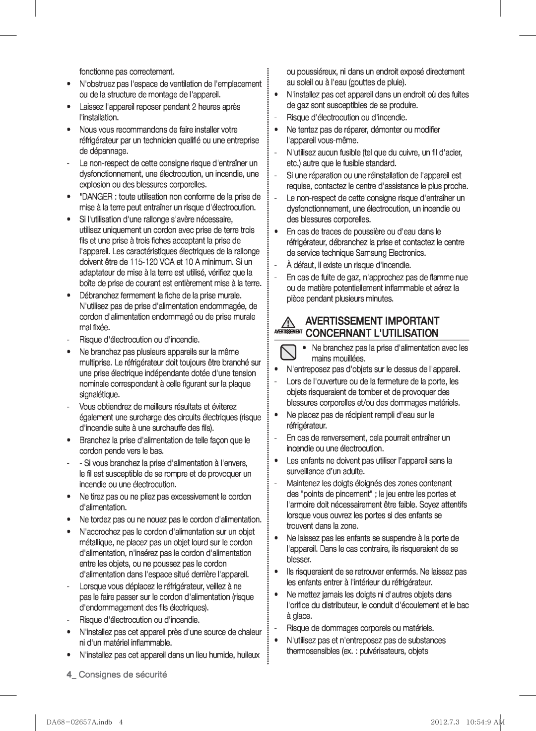 Samsung RF221NCTABC user manual Consignes de sécurité 