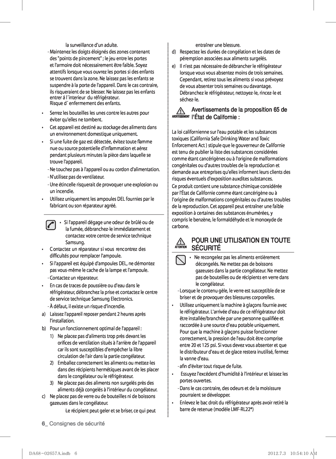 Samsung RF221NCTABC user manual Pour Une Utilisation En Toute, Consignes de sécurité 