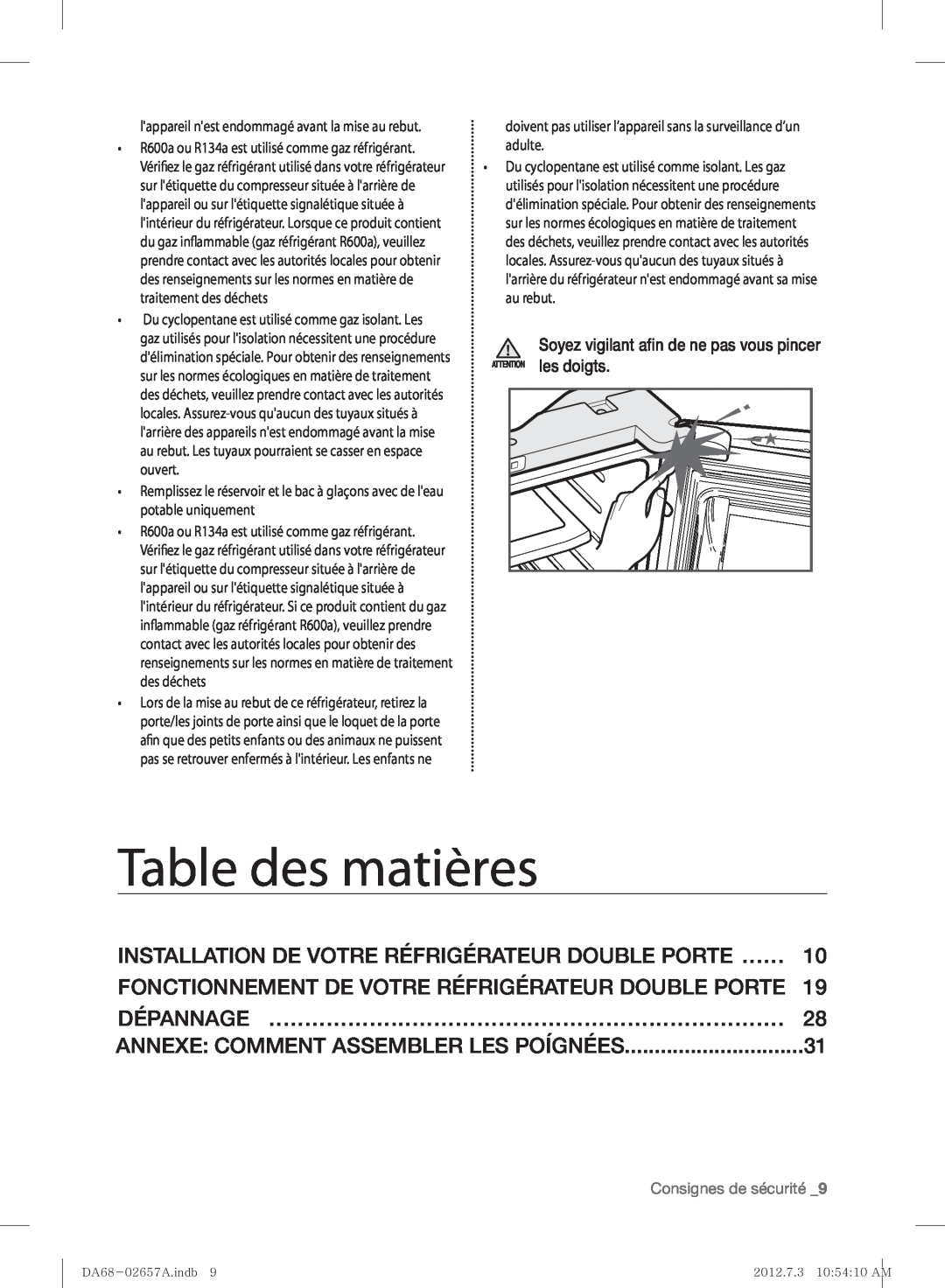 Samsung RF221NCTABC Table des matières, Installation De Votre Réfrigérateur Double Porte ……, Consignes de sécurité 