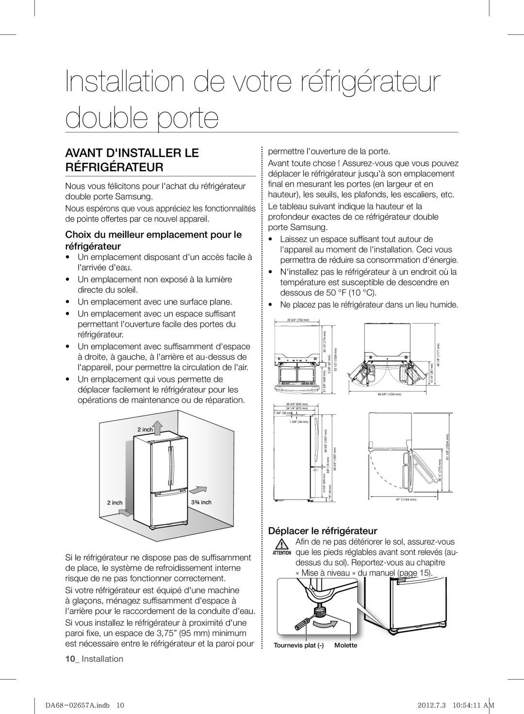 Samsung RF221NCTABC user manual Installation de votre réfrigérateur double porte, Avant Dinstaller Le Réfrigérateur 