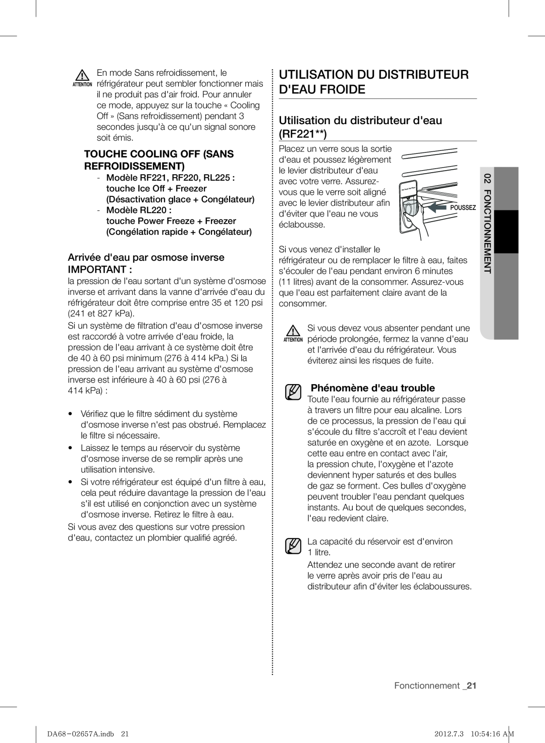 Samsung RF221NCTABC Utilisation Du Distributeur Deau Froide, Utilisation du distributeur deau RF221, Fonctionnement 