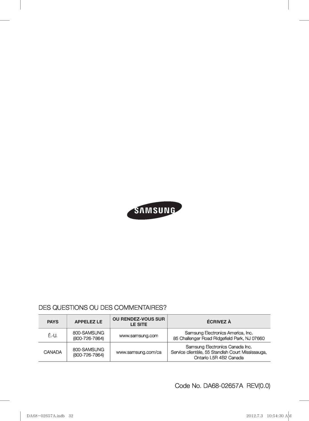 Samsung RF221NCTABC Des Questions Ou Des Commentaires?, Code No. DA68-02657A REV0.0, Pays, Appelez Le, Ou Rendez-Vous Sur 