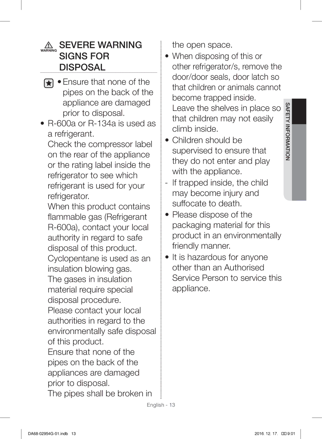 Samsung RF23HCEDBSR/ML manual Severe Warning Warning Signs for Disposal 