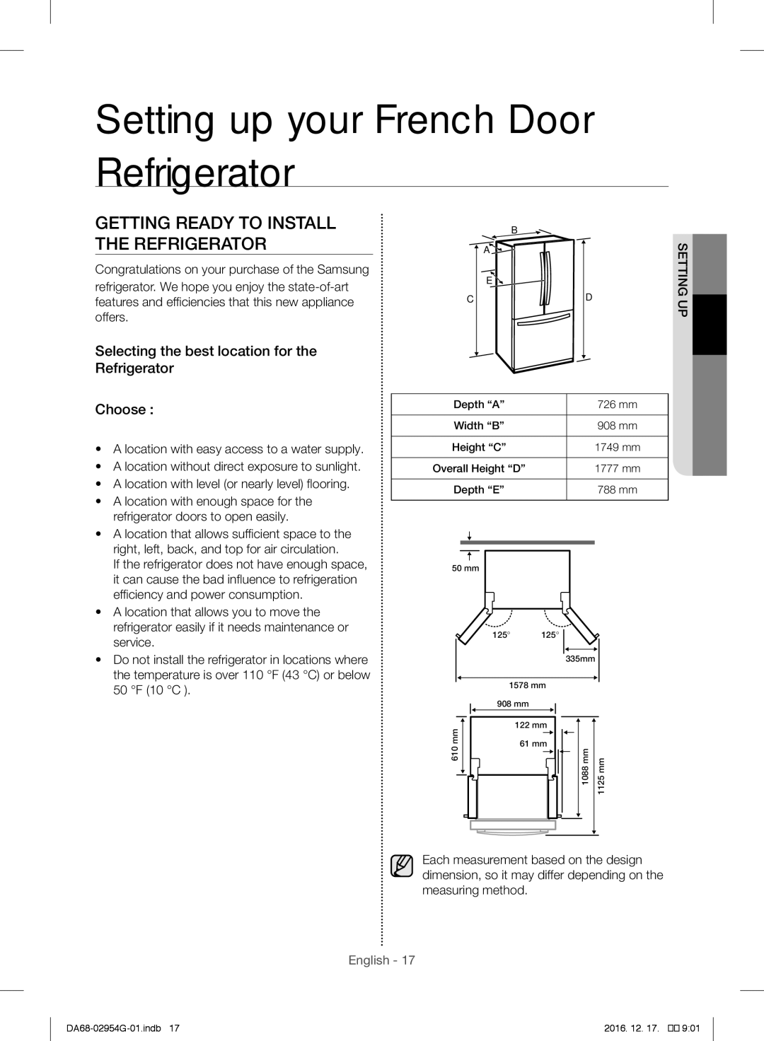 Samsung RF23HCEDBSR/ML Getting Ready to Install the Refrigerator, Selecting the best location for the Refrigerator Choose 