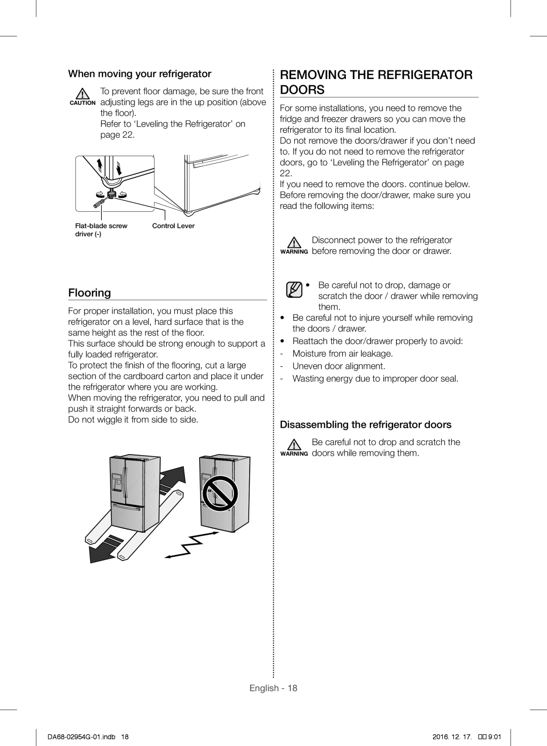 Samsung RF23HCEDBSR/ML manual Removing the Refrigerator Doors, Flooring, When moving your refrigerator 